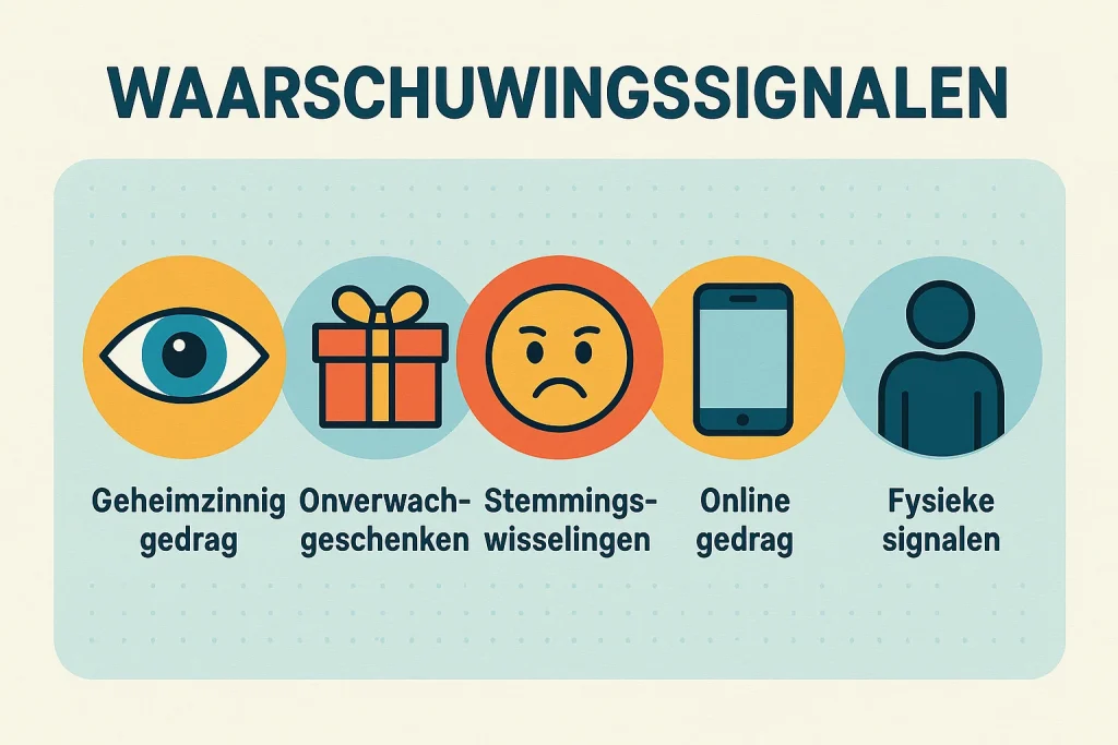 de waarschuwingssignalen tonen: een oog voor geheimzinnig gedrag, een cadeaudoos voor onverwachte geschenken, een emoticon voor stemmingswisselingen, een smartphone voor online gedrag, en een figuur voor fysieke signalen.