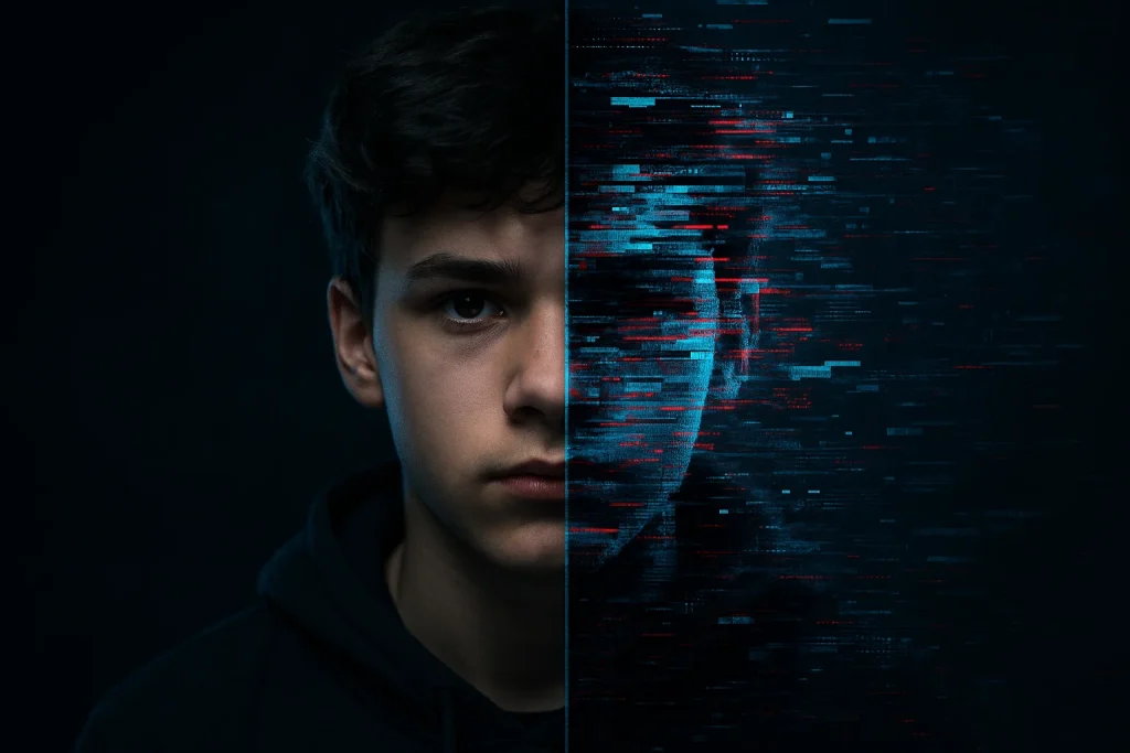 Split screen echt versus deepfake gezicht tiener met digitale glitch effecten - AI manipulatie herkennen