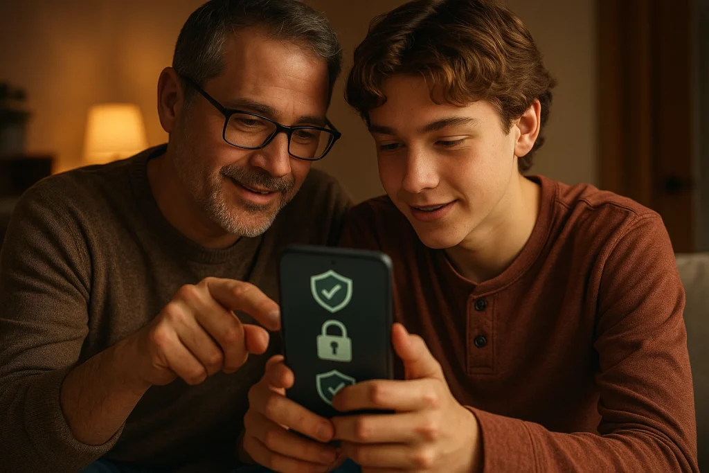 Ouder en tiener passen samen privacy instellingen aan op smartphone - digitale bescherming