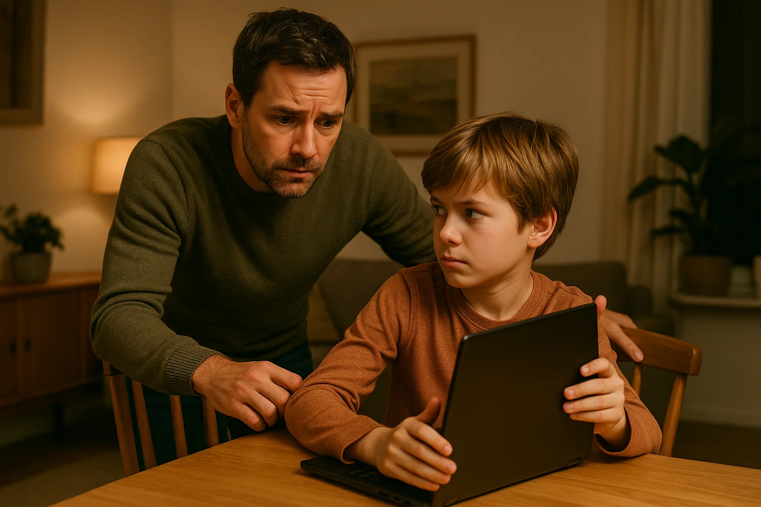 Een bezorgde ouder die over de schouder van een kind kijkt dat achter een laptop zit. Het kind draait het scherm weg. Warme, huiselijke setting met zachte verlichting. Digitale veiligheid kinderen