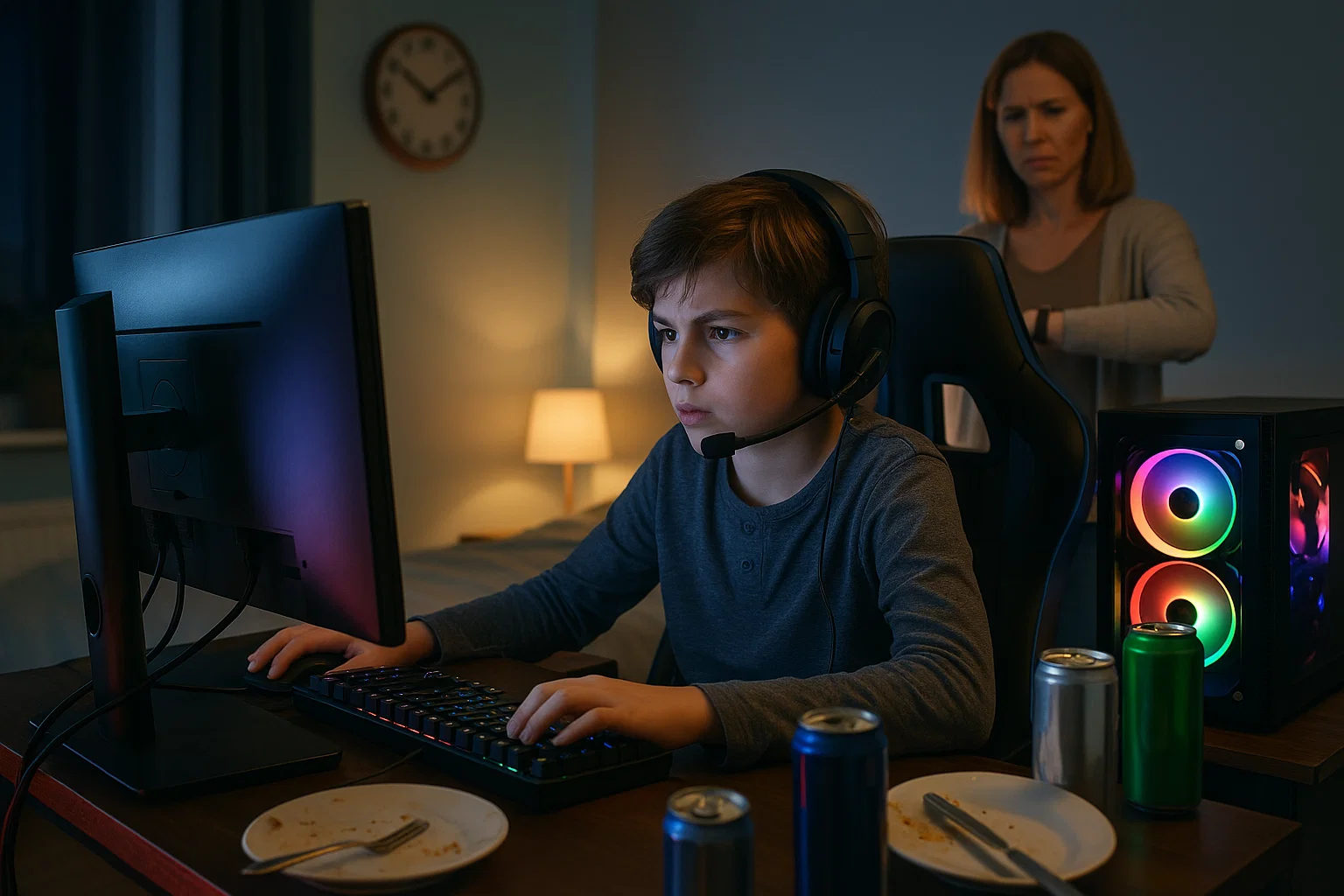Een kind dat geconcentreerd achter een gaming setup zit met kleurrijke RGB-verlichting. Op de achtergrond is een bezorgde ouder zichtbaar die op de klok kijkt. De kamer toont tekenen van lang gamen: lege borden, energiedrankjes.