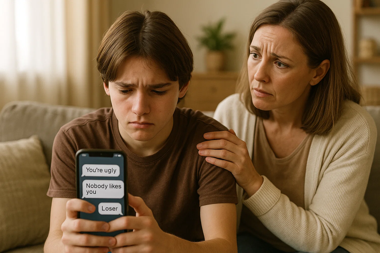 Verdrietig kind met smartphone toont cyberpest berichten aan bezorgde ouder - online pesten herkennen