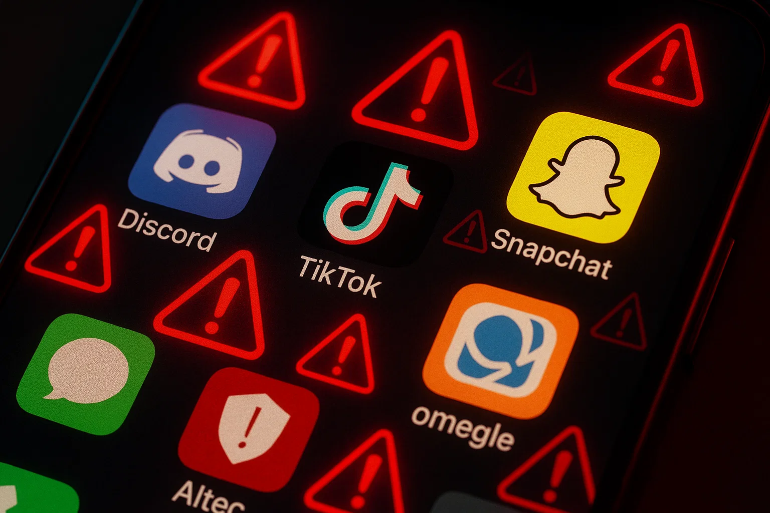 Smartphone scherm met gevaarlijke app-iconen omringd door waarschuwingssymbolen en rode alerts