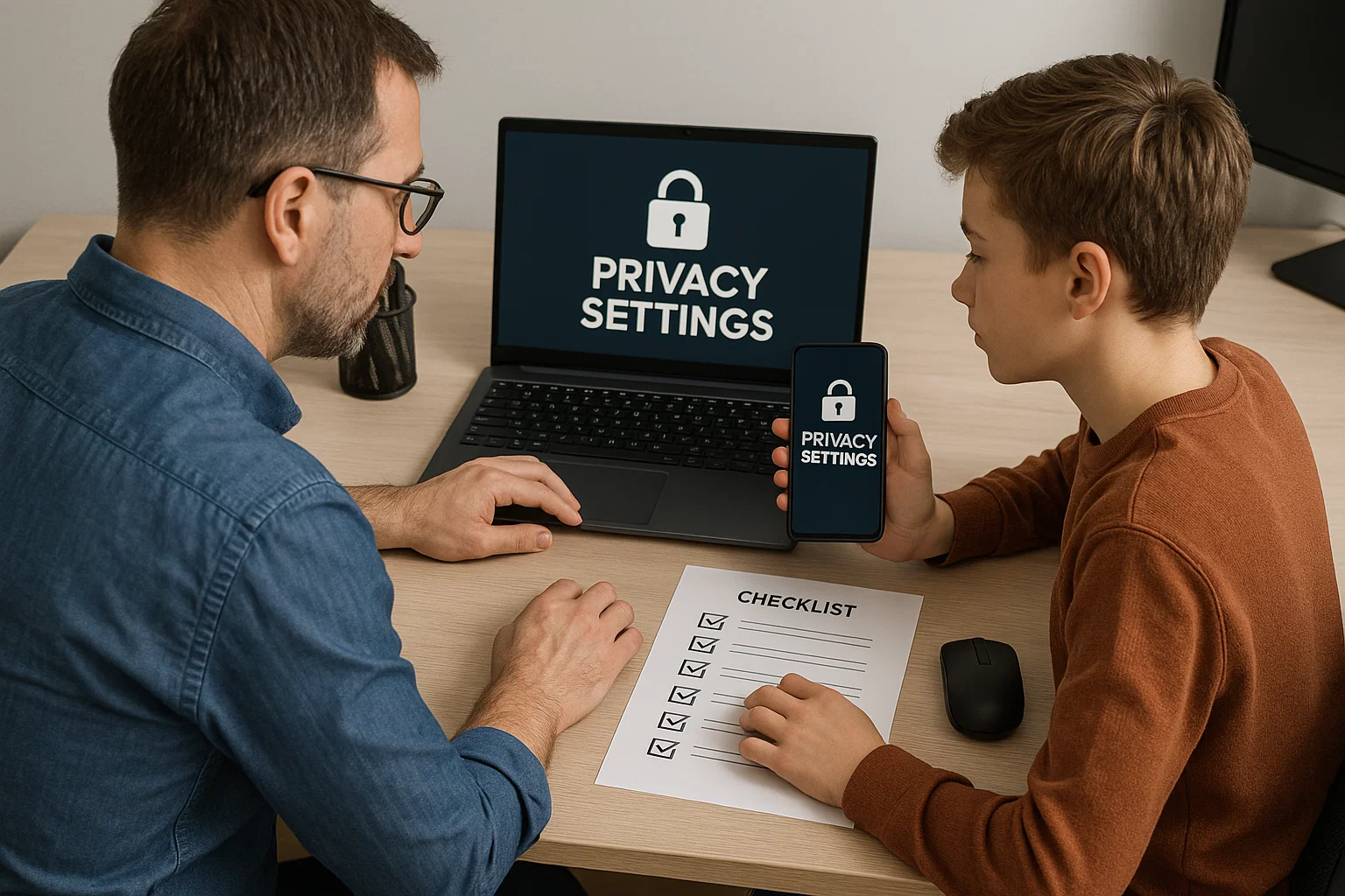 Ouder en kind voeren samen digitale veiligheidscheck uit op laptop en smartphone met checklists