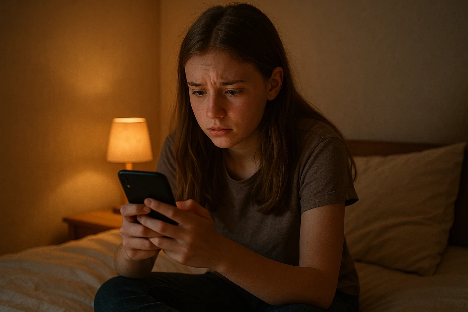 Een Nederlandse tiener van 13-14 jaar zit alleen op bed met smartphone in handen, kijkt bezorgd naar scherm, zachte avondverlichting, realistische fotostijl, warme maar melancholische sfeer, focus op gezichtsuitdrukking van zorgen,
