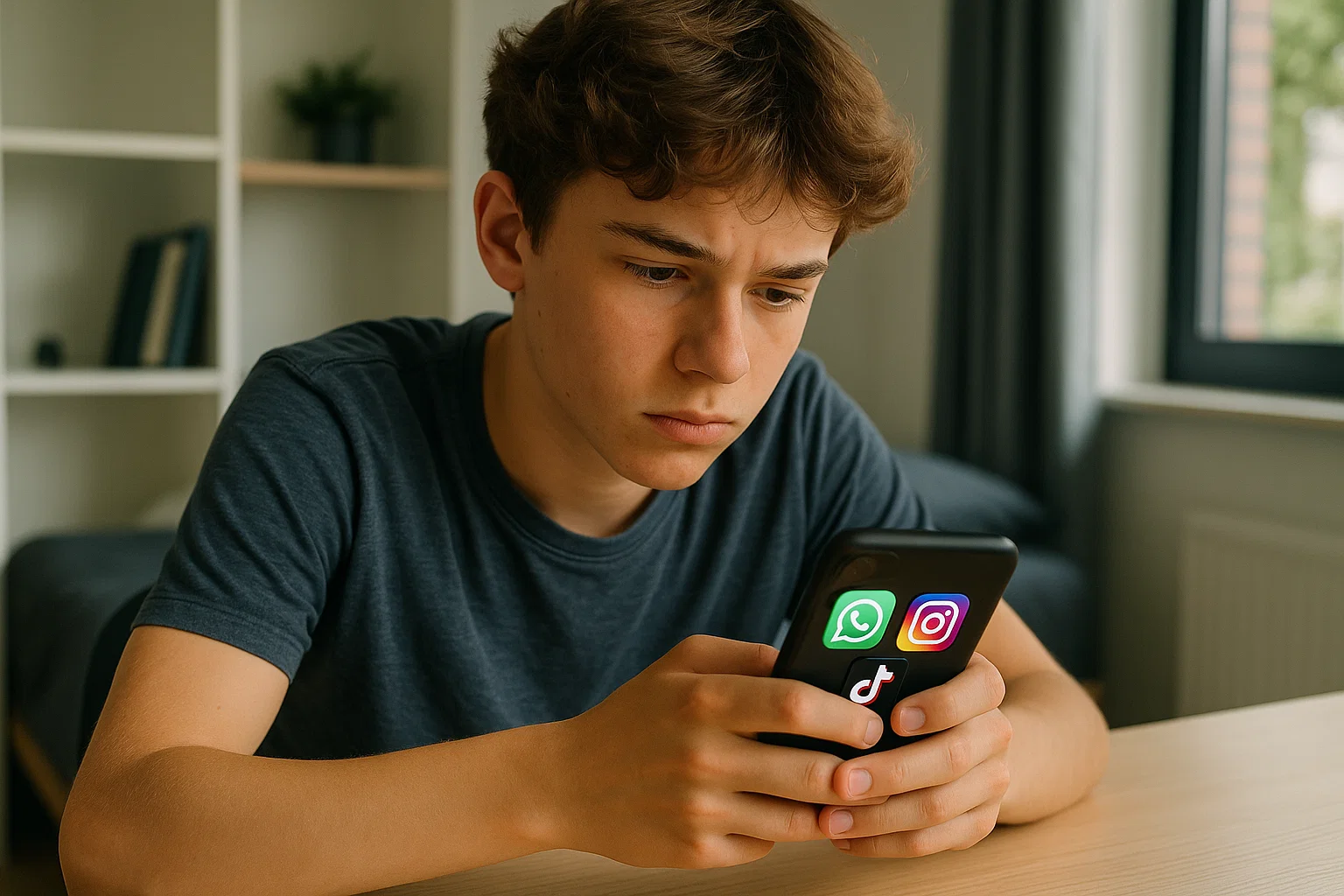 Nederlandse tiener van 15 jaar kijkt geconcentreerd naar smartphone scherm, diverse app icons zichtbaar (WhatsApp, Instagram, TikTok), zit aan bureau in moderne tienerKamer