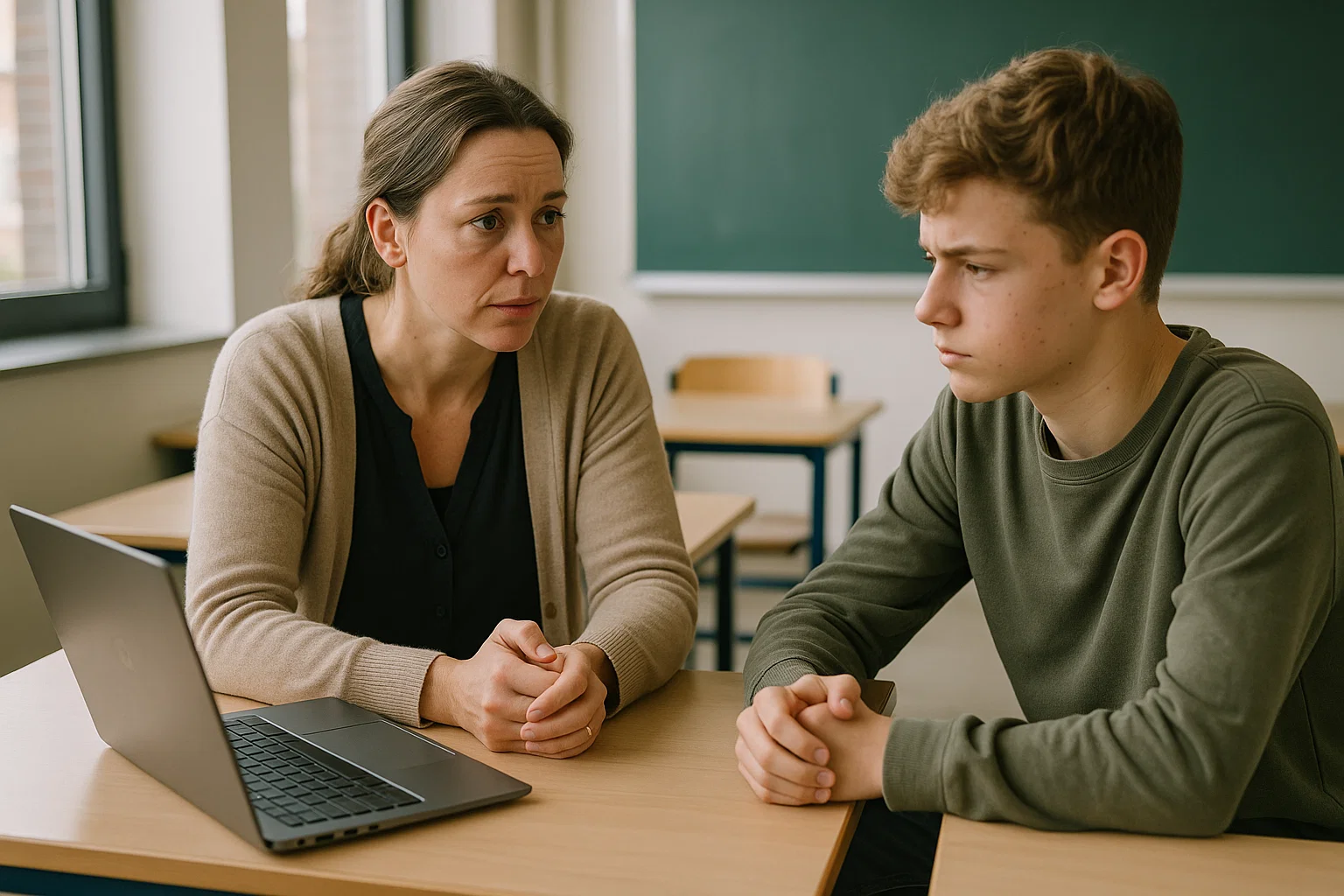 leerkracht (vrouw, 35 jaar) zit aan bureau in moderne klas, heeft empathisch gesprek met Nederlandse leerling (jongen, 14 jaar), laptop staat open tussen hen