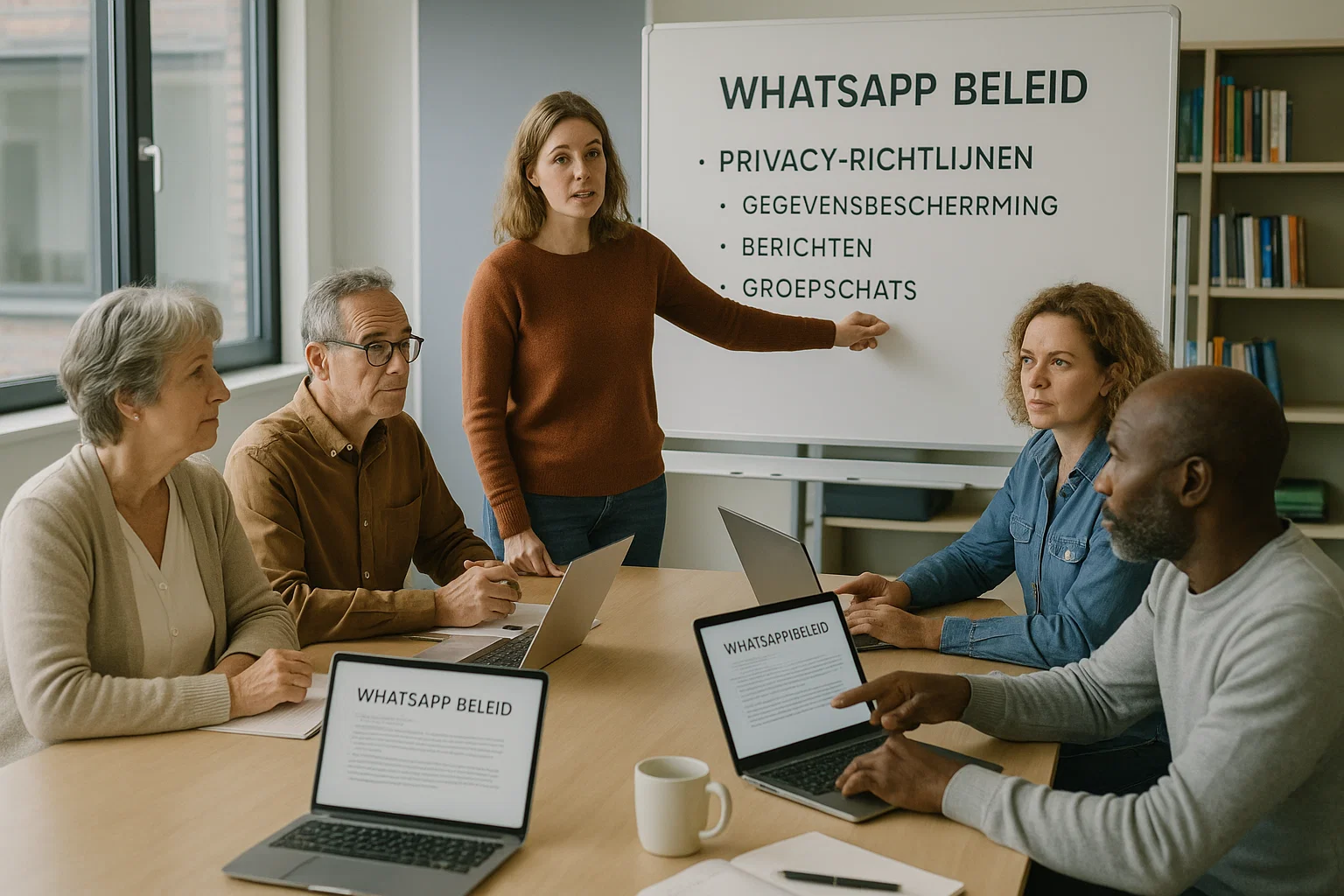 onderwijsprofessionals (5 personen, diverse leeftijden) zitten rond vergadertafel in moderne docentenkamer, laptops open met WhatsApp beleid-documenten op schermen, één persoon wijst naar privacy-richtlijnen op whiteboard, professionele discussie-sfeer