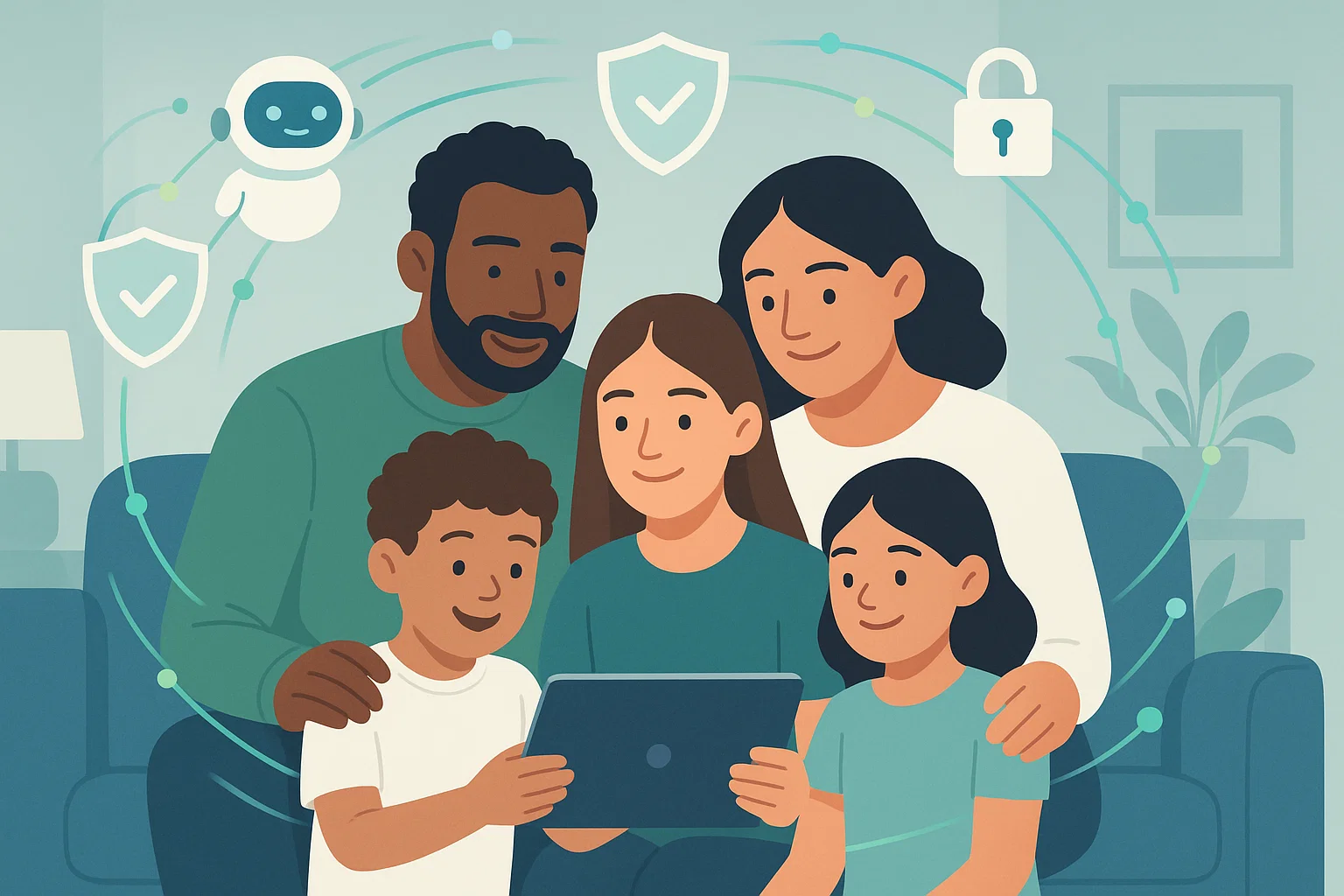 Complete gids digitale veiligheid voor kinderen - gezin gebruikt veilig internet met beschermende technologie rondom hen