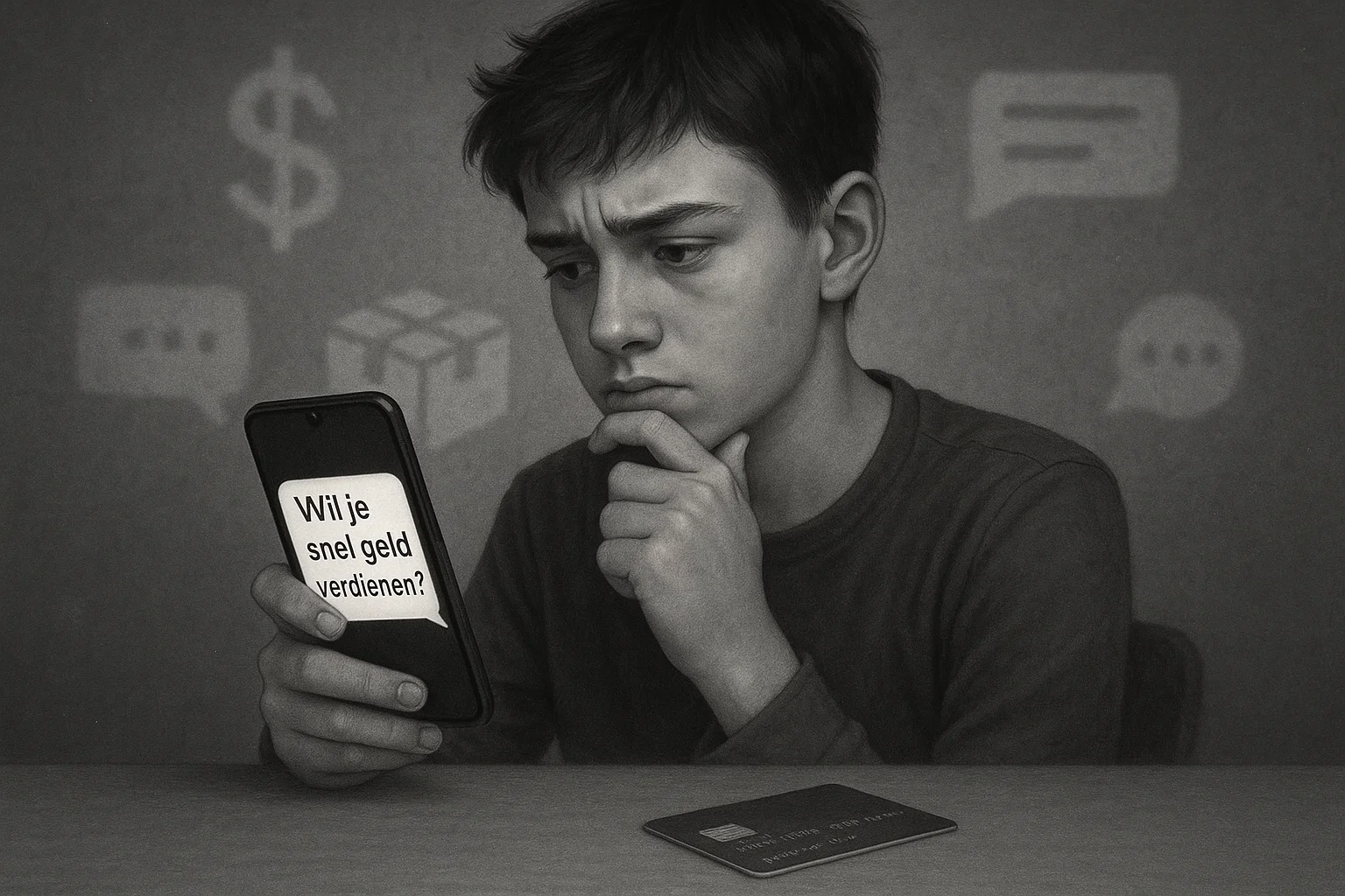 Zwart-witfoto van een bezorgde jongen die op zijn telefoon de vraag wil je snel geld verdienen leest, met een bankpas op tafel