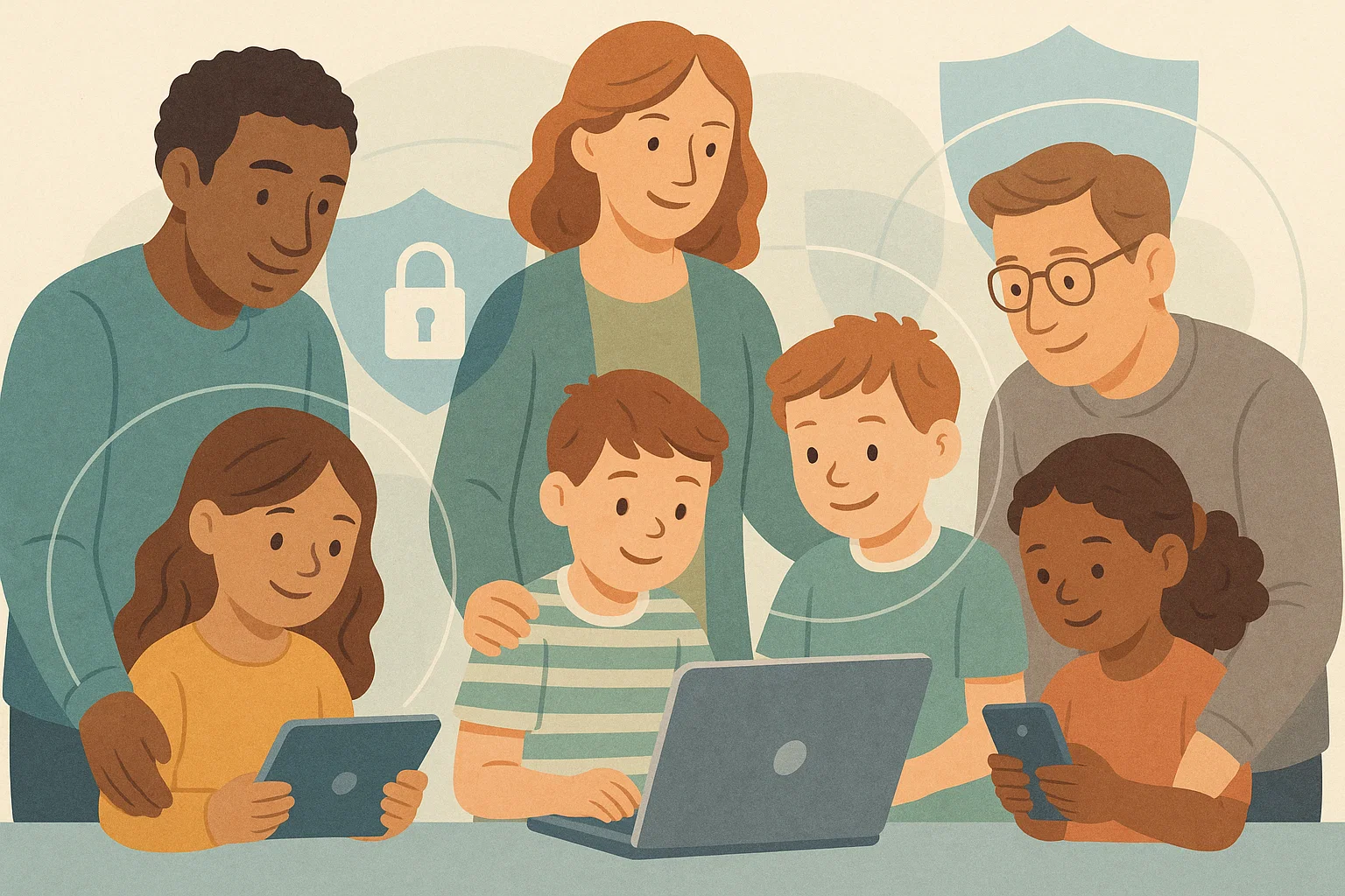 Diverse groep kinderen die veilig digitale apparaten gebruiken onder begeleiding van professionals - illustratie digitale veiligheid kwetsbare kinderen