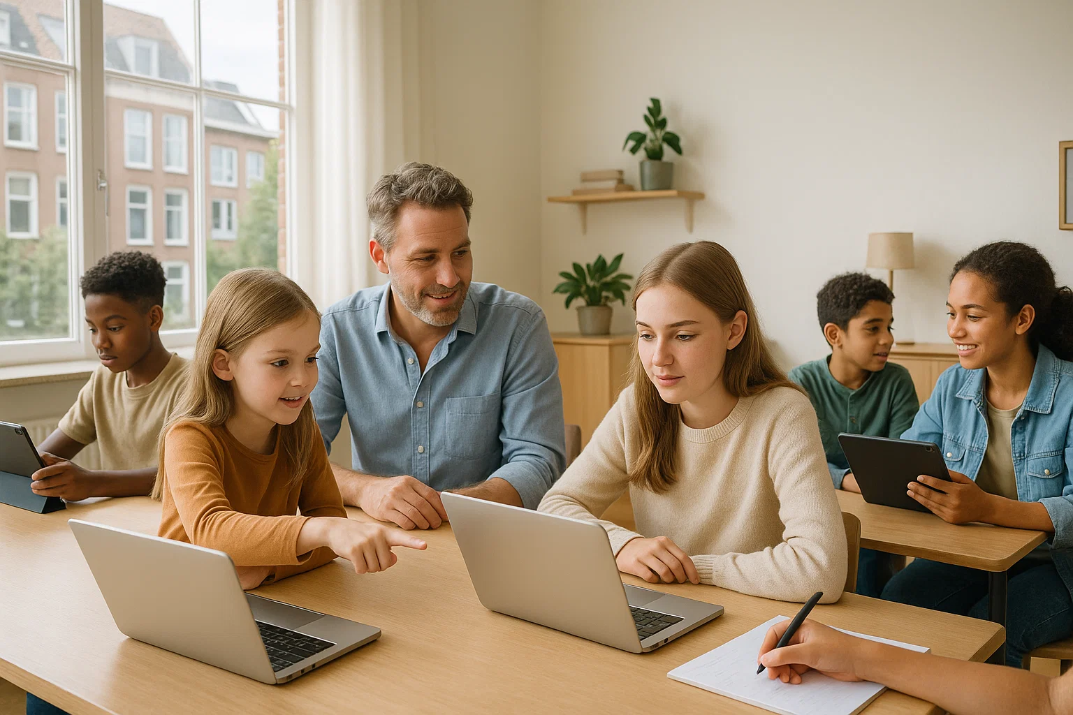 Nederlandse kinderen van verschillende leeftijden werken samen met tablet en laptop terwijl volwassene begeleidt digitale autonomie ontwikkeling in moderne leeromgeving