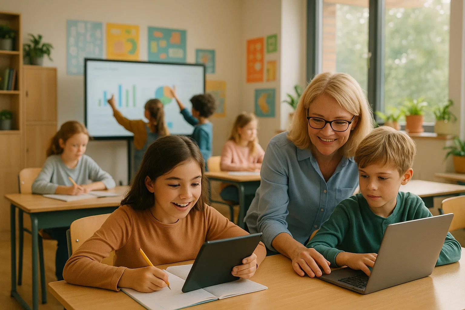 Nederlandse basisschoolkinderen leren veilig met AI-technologie onder begeleiding van een lerares in een moderne klaslokaal