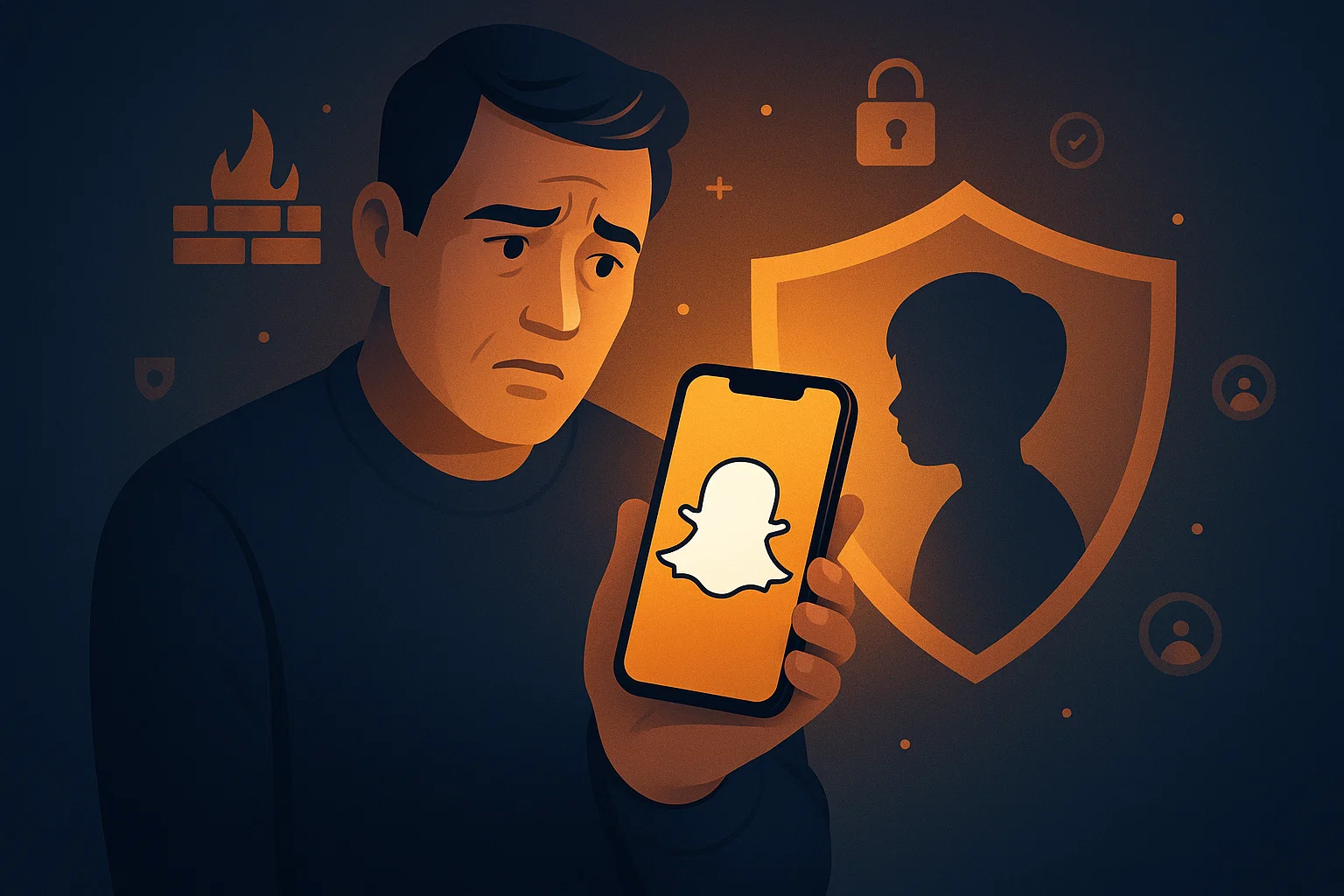 Bezorgde ouder met smartphone toont Snapchat-logo terwijl een beschermend schild een kind in de achtergrond bedekt, illustratie voor digitale veiligheid en waarom kinderen geen Snapchat moeten gebruiken