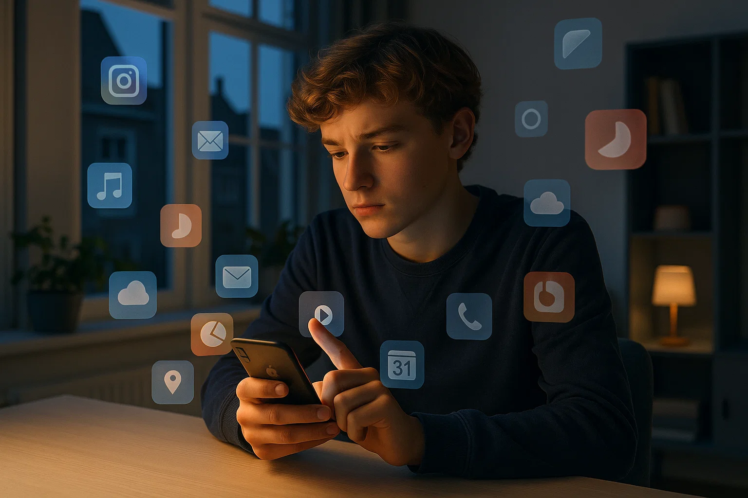Nederlandse tiener houdt smartphone vast en overweegt welke apps te verwijderen, met zwevende app-iconen die het cyclische installatiegedrag symboliseren