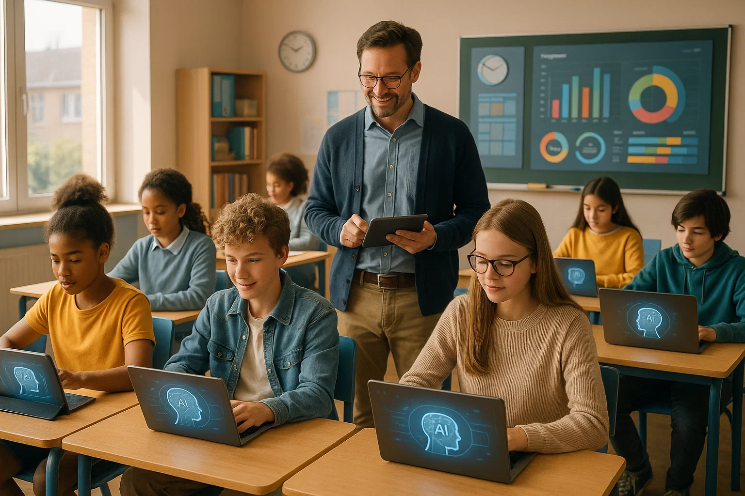 Diverse leerlingen werken met AI-technologie in een moderne Nederlandse klaslokaal, begeleid door een docent met digitale leerhulpmiddelen