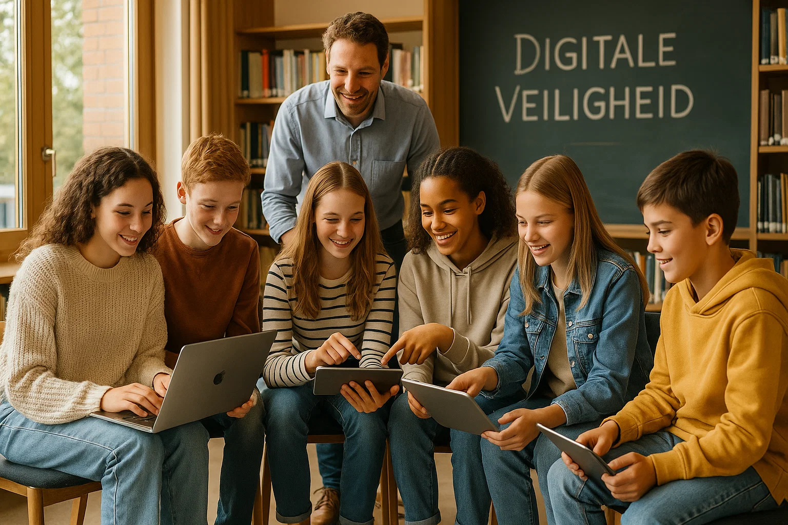 Nederlandse leerlingen werken samen aan laptops in schoolbibliotheek tijdens digitale veiligheid les, leraar begeleidt cyberpest preventie training