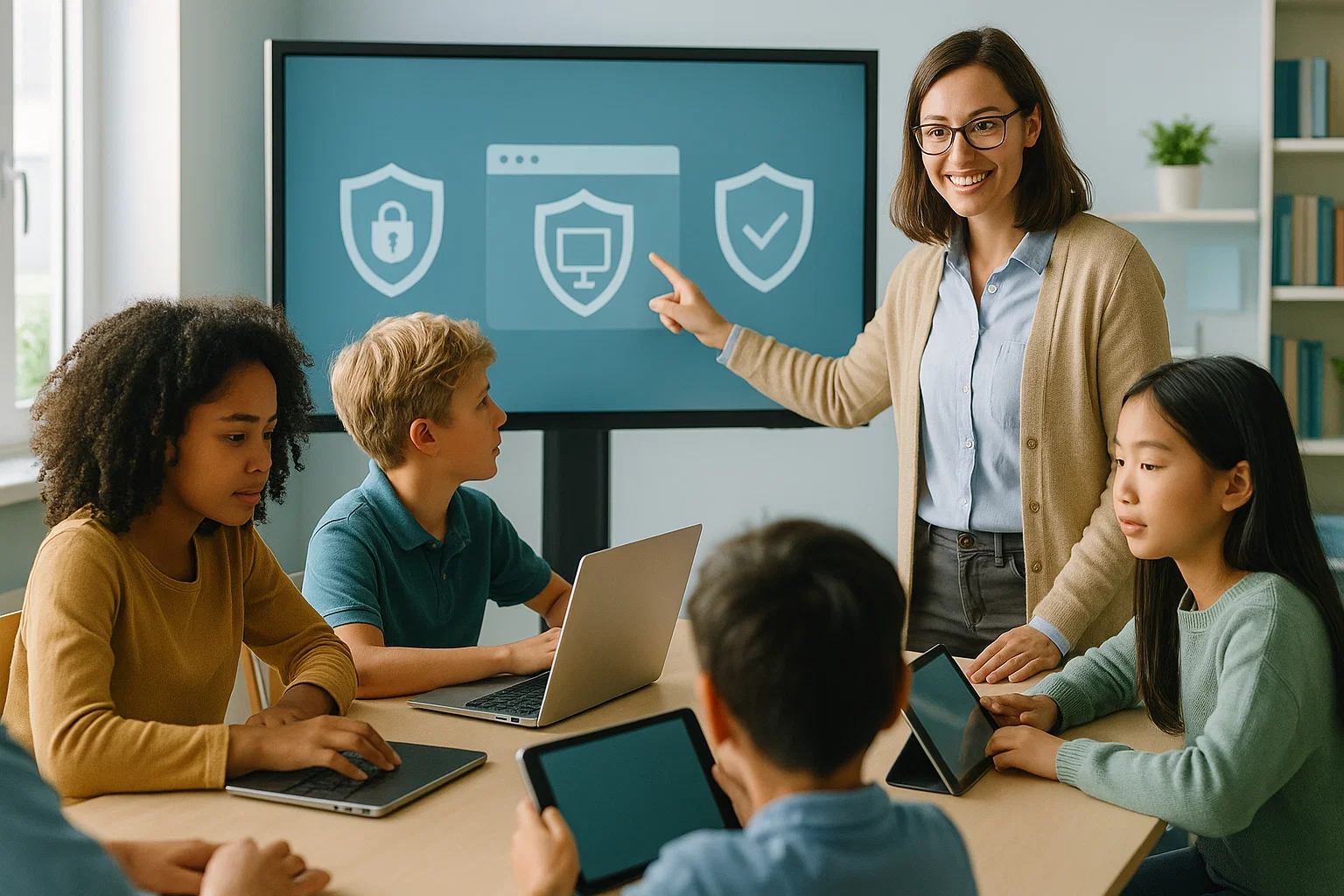 Mediawijze professional begeleidt kinderen bij veilig internetgebruik in moderne klaslokaal met digitale veiligheidstraining op interactief scherm