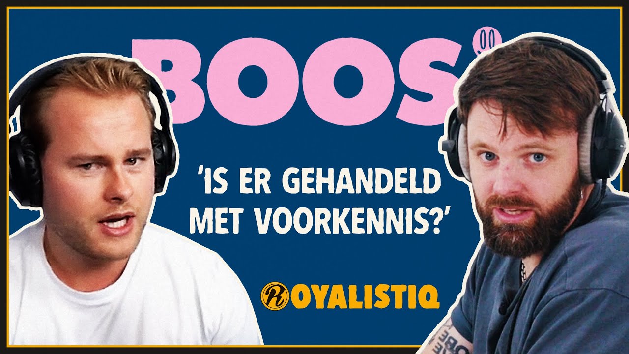 BOOS programma thumbnail over Royalistic influencer voorkennis handel, twee presentatoren met koptelefoons. Parasociale relaties met influencers