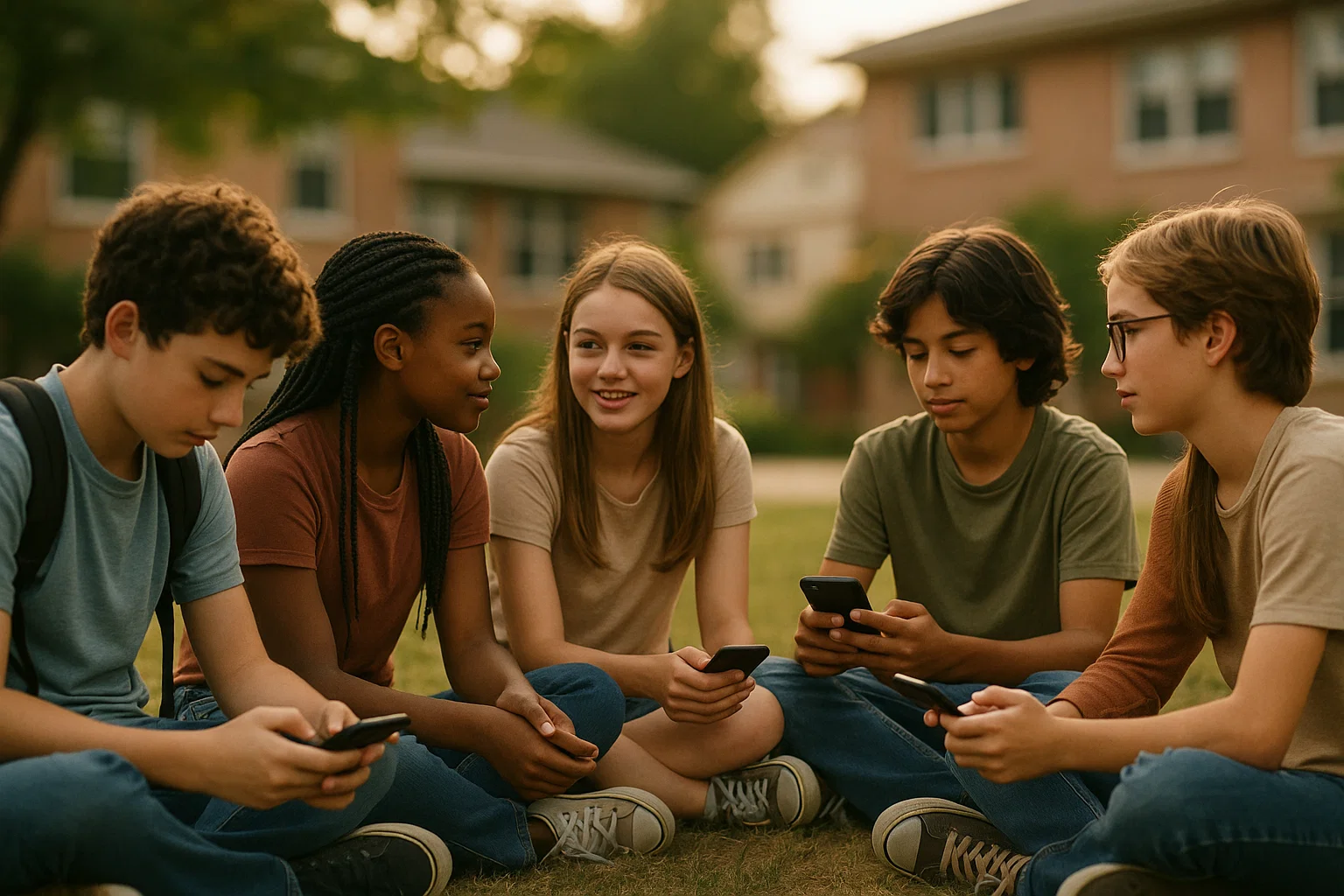 Diverse groep kinderen en tieners in gesprek, sommigen met smartphones, anderen in persoonlijk contact, wat het evenwicht tussen digitaal en sociaal contact illustreert