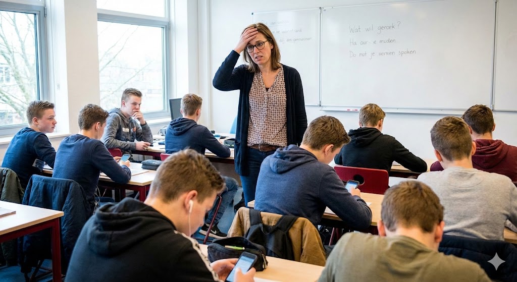 Lerares in Nederlands klaslokaal met afgeleidde leerlingen op smartphones