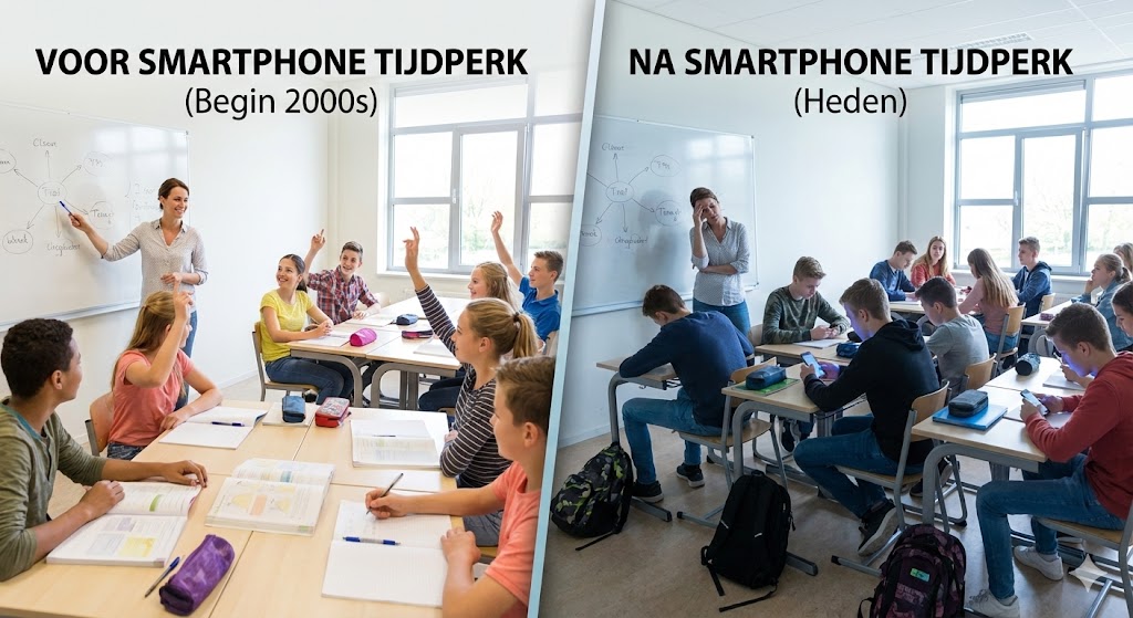 Vergelijking klaslokaal met en zonder smartphone-afleiding