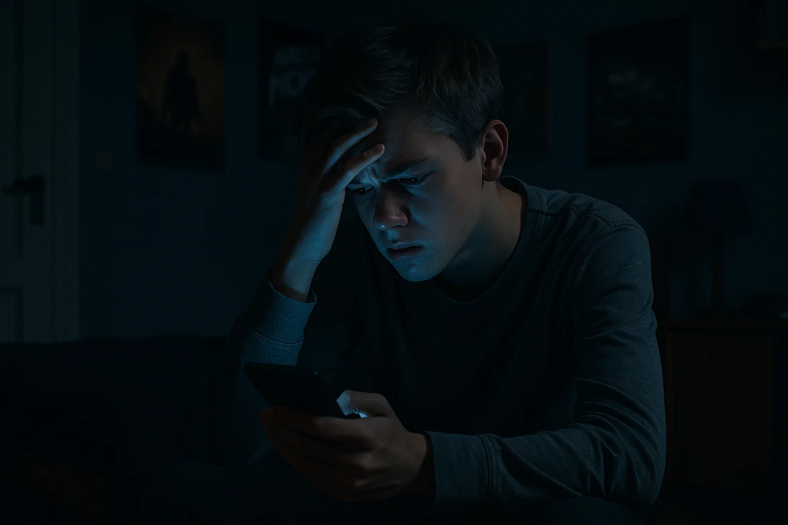 Bezorgde tiener jongen zit alleen in donkere slaapkamer met smartphone, toont emotionele impact van online sextortion