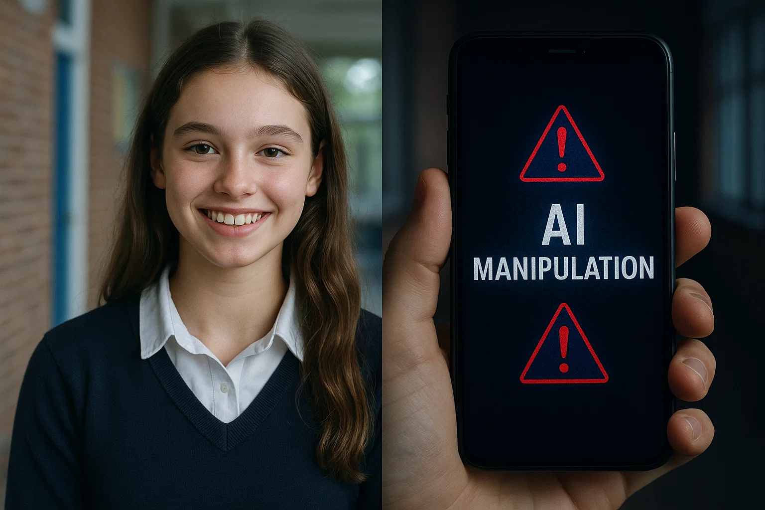 Illustratie van schoolfoto en smartphone met waarschuwing voor AI deepfake manipulatie, toont digitale bedreiging zonder expliciete content