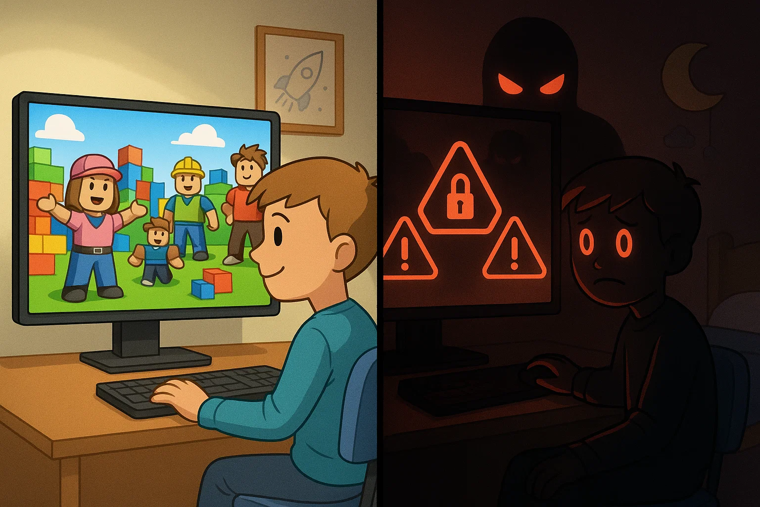Contrast tussen vrolijk Roblox spelwereld en waarschuwingssymbolen toont risico's gaming platform voor kinderen
