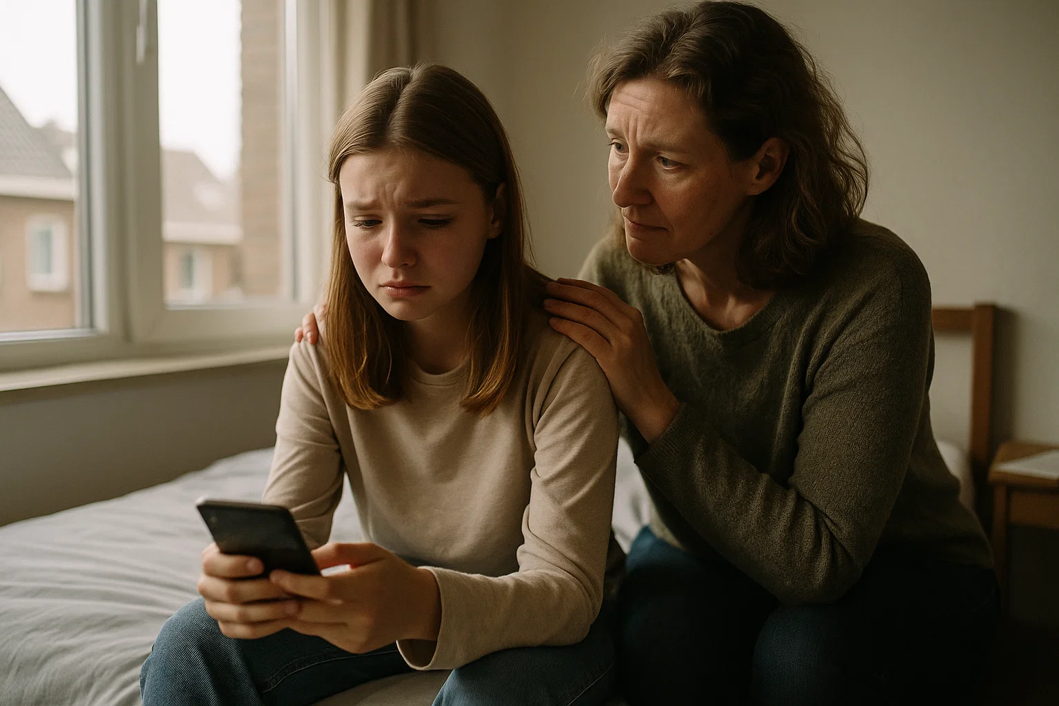 Bezorgde ouder ondersteunt verdrietige tiener dochter na cyberpesten, hand op schouder toont emotionele steun en begrip