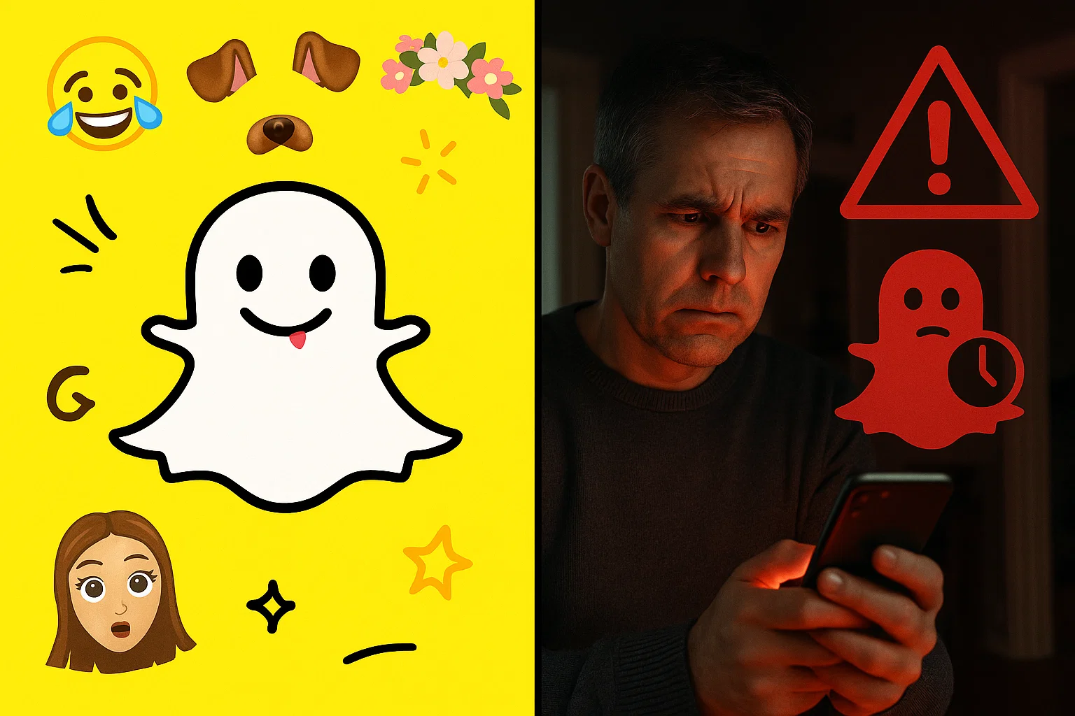 Contrast tussen vrolijk Snapchat logo en waarschuwingssymbolen illustreert verborgen gevaren platform voor kinderen ondanks onschuldige uitstraling