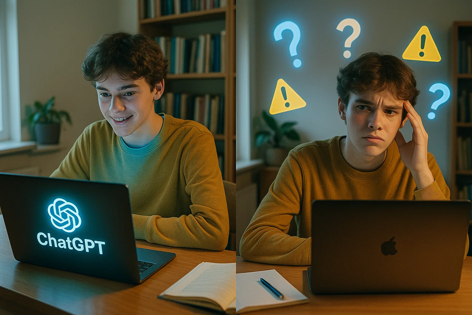 Tiener student aan bureau met laptop en ChatGPT interface toont dilemma tussen educatieve kansen en risico's kunstmatige intelligentie