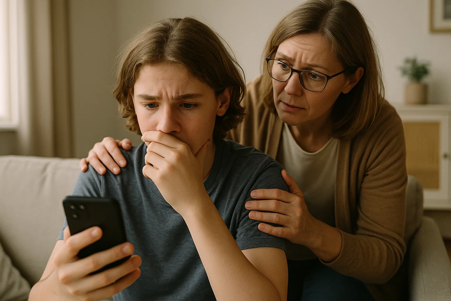 Geschokte tiener met smartphone en bezorgde ouder op achtergrond toont emotionele impact ongepaste beelden online en belang ouderlijke steun