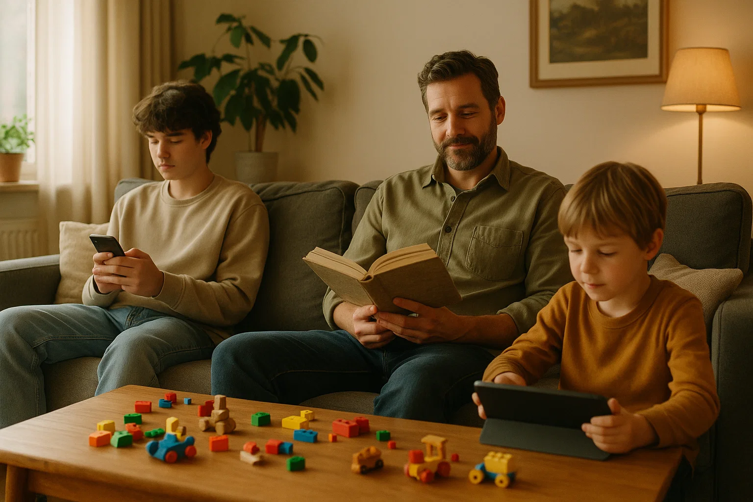Familie scene toont balans tussen schermtijd en andere activiteiten, tiener met telefoon, kind speelt, ouder leest in ontspannen sfeer