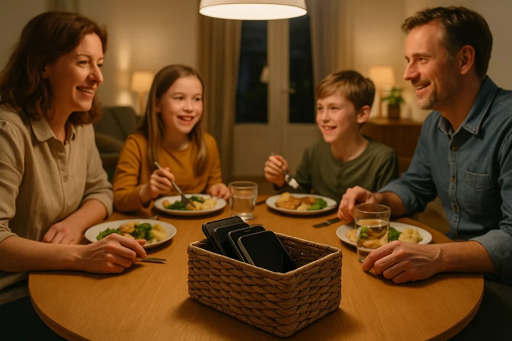 Familie dineert samen met telefoons in mandje op tafel