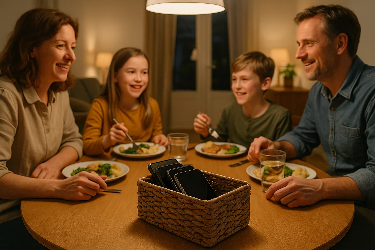 Familie dineert samen met telefoons in mandje op tafel centrum, illustreert schermvrije zone praktijk tijdens maaltijd