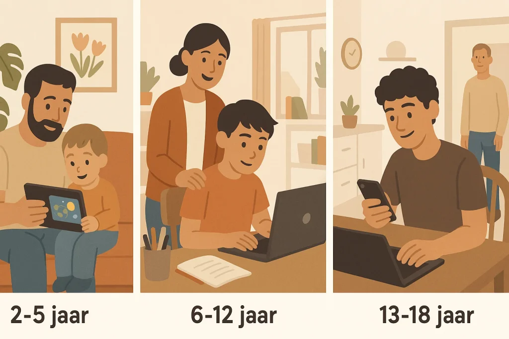 Schermgebruik op drie leeftijden: samen kijken, begeleiding en autonomie