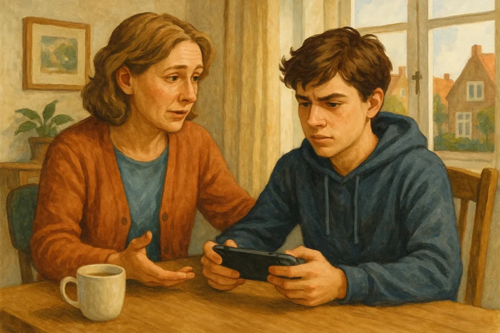 Ouder en tiener hebben rustig gesprek over schermgebruik
