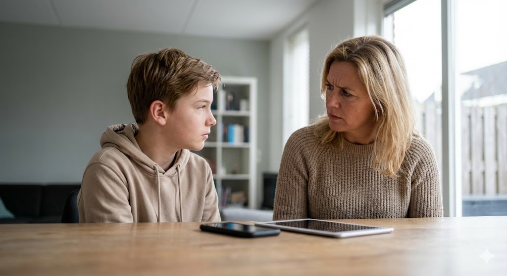 Moeder en zoon in gesprek over schermtijd en concentratieproblemen aan keukentafel