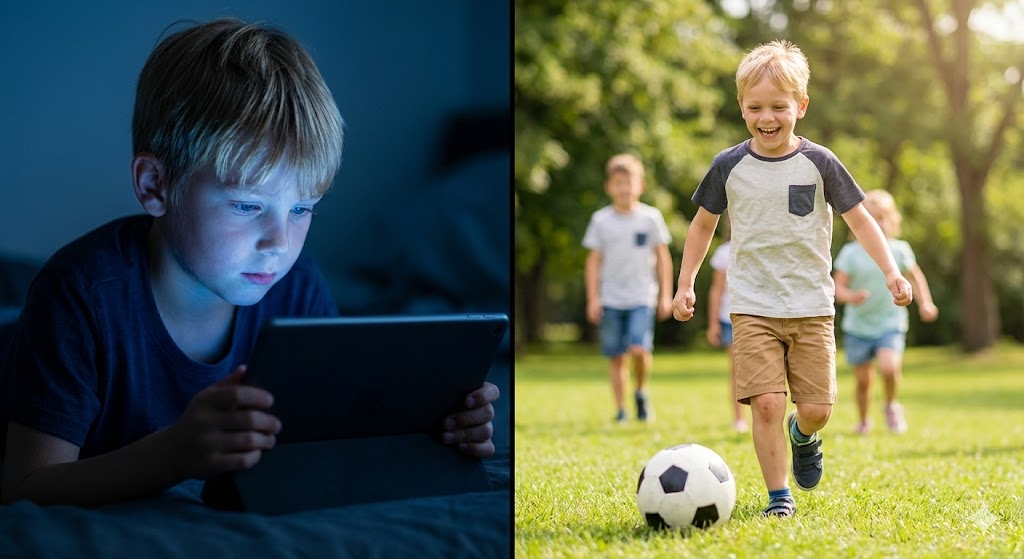 Voor en na vergelijking van kind met veel schermtijd versus buitenspelen
