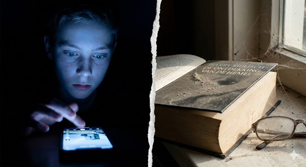 Tiener verslaafd aan TikTok scrollen naast vergeten boek