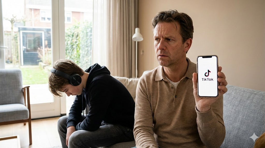 Bezorgde ouder bekijkt TikTok app op telefoon van tiener - digitale veiligheid kinderen