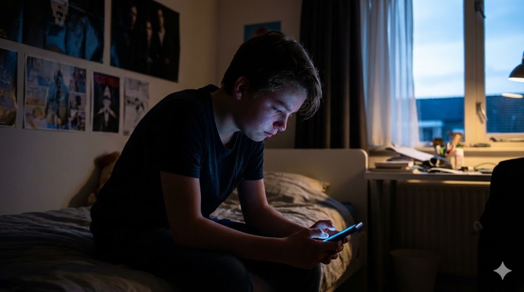 Verdrietige tiener alleen op bed met smartphone - signalen van cyberpesten