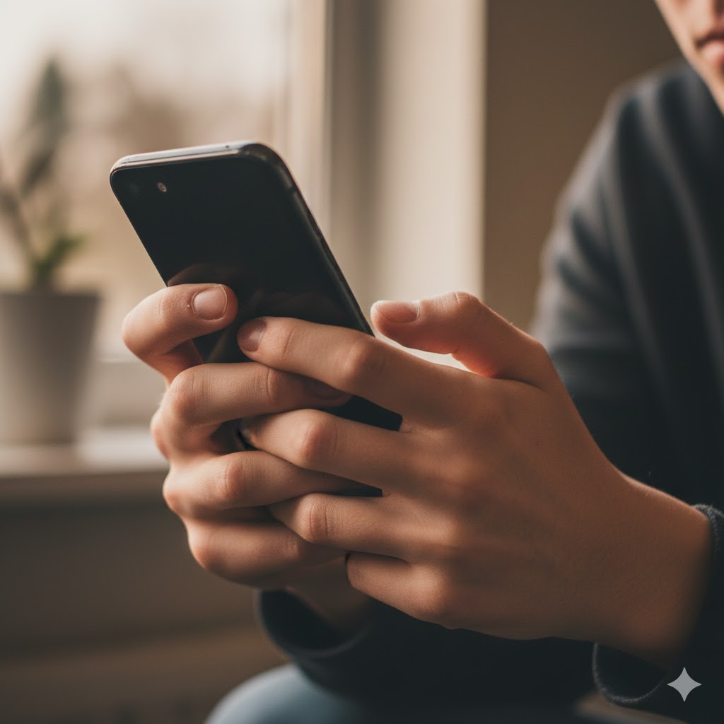 Kind zit verdrietig met telefoon in de hand