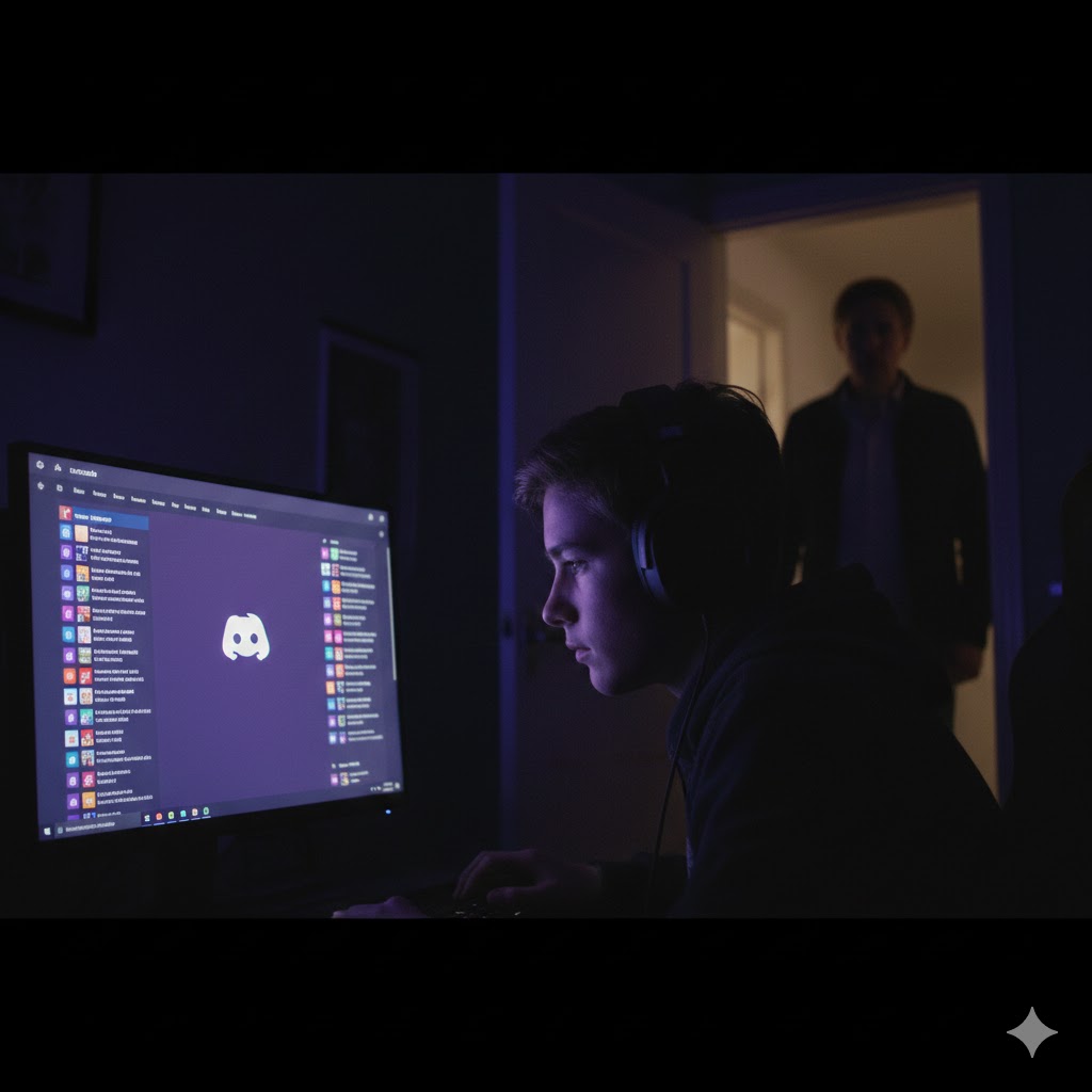 Kind gebruikt Discord gaming platform met koptelefoon terwijl ouder toekijkt - online veiligheid