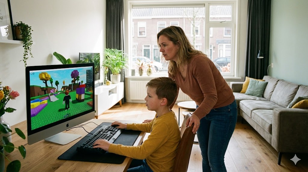 Kind speelt Roblox onder toeziend oog van bezorgde ouder - online gaming veiligheid