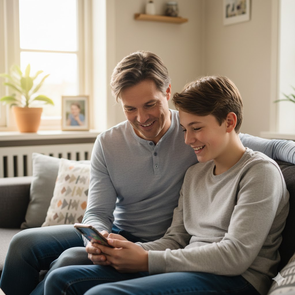 Vader en zoon zitten ontspannen op de bank en kijken samen lachend naar een smartphone.