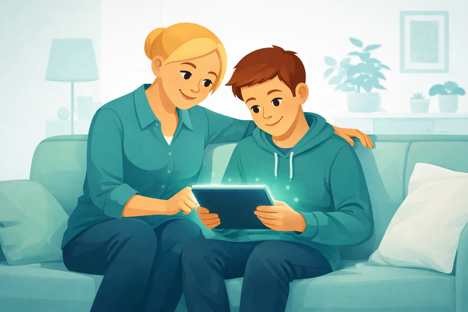 Ouder en tiener kijken samen op een tablet, omringd door een beschermend digitaal schild