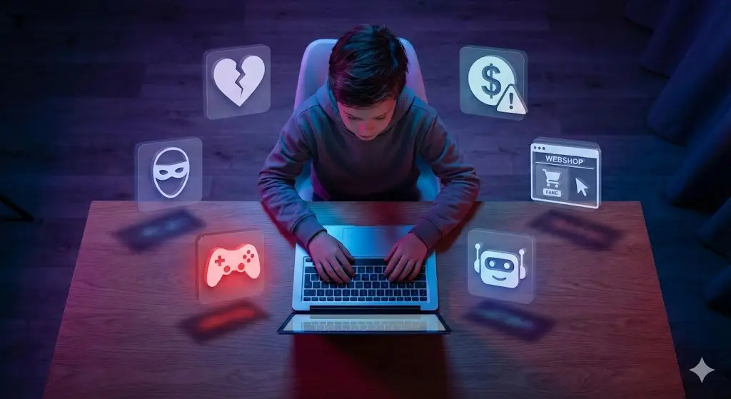 Jongen achter laptop in donkere kamer, omringd door zwevende iconen van online gevaren.