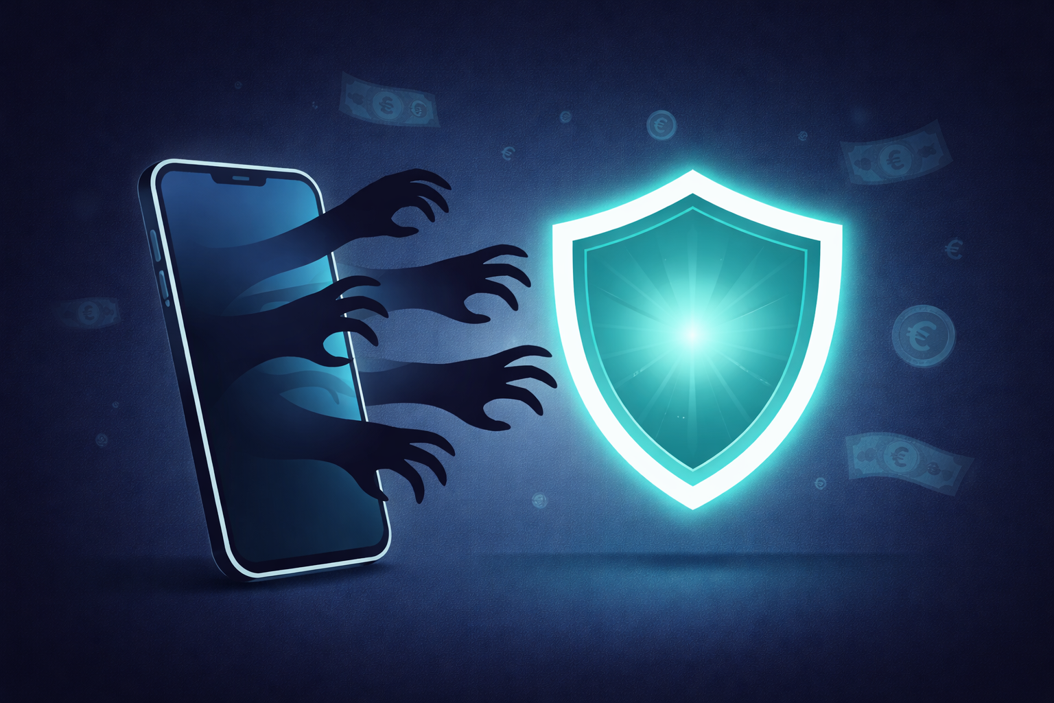 Beschermingsschild blokkeert criminele handen die uit een smartphone reiken, symbool voor bescherming tegen criminele werving van jongeren